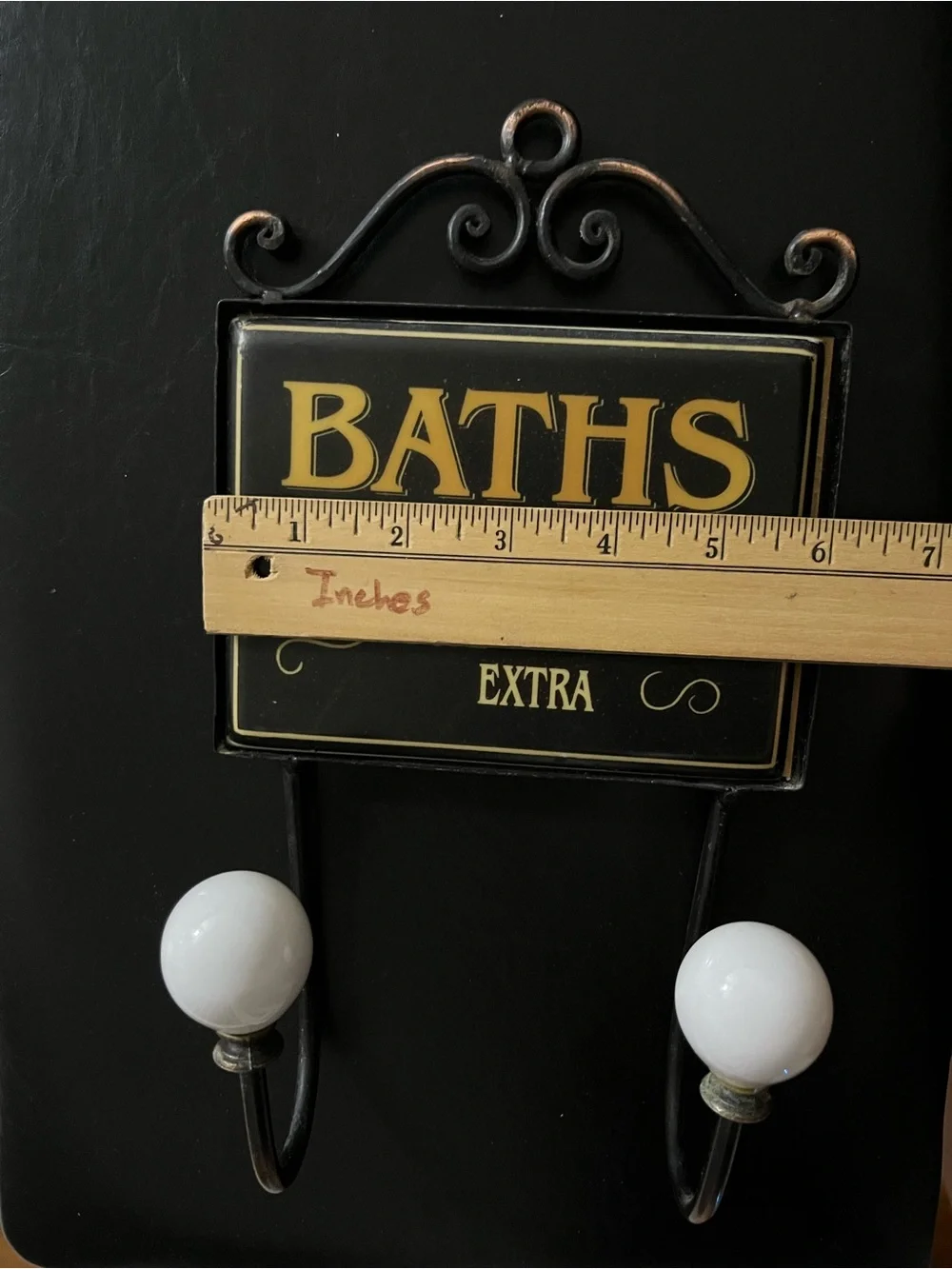 Vintage Metal Ceramic Tile 'Baths' Wall Hook with White Knobs